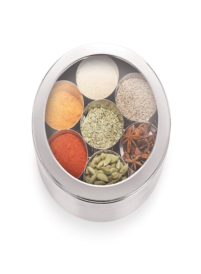 Komal Stainless Steel See Through Masala box for Kitchen | Spice Box | Spice Organiser | Masala Daani | Round Masala Dabba with 7 Containers| Silver - Image 2